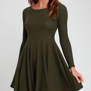 NWT Lulus Fit And Fair Olive Green Ribbed Knit Long Sleeve Skater Dress - Size S